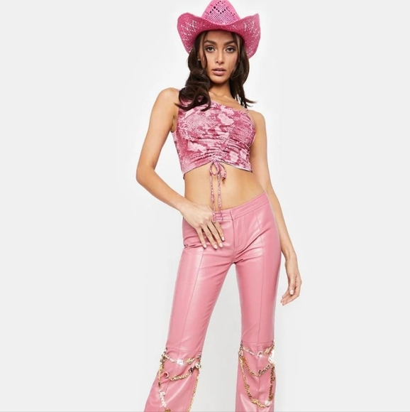 BY.DYLN Pink Snake Print One-Shoulder Ruched Crop Top Size M Revolve NWT - Picture 3 of 11